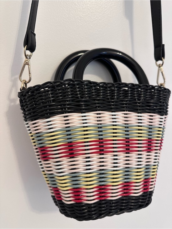 Zara Handbags - Zara Small Multicolor Striped Woven Wicker Resin Handle Drawstring